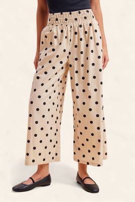Polka Dot Linen Cropped Pants - LINEN/NAVY