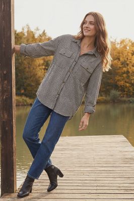 Maggie Roll Tab Sleeve Plaid Top - BLACK