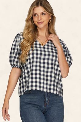 The Mary Gingham Top - NAVY