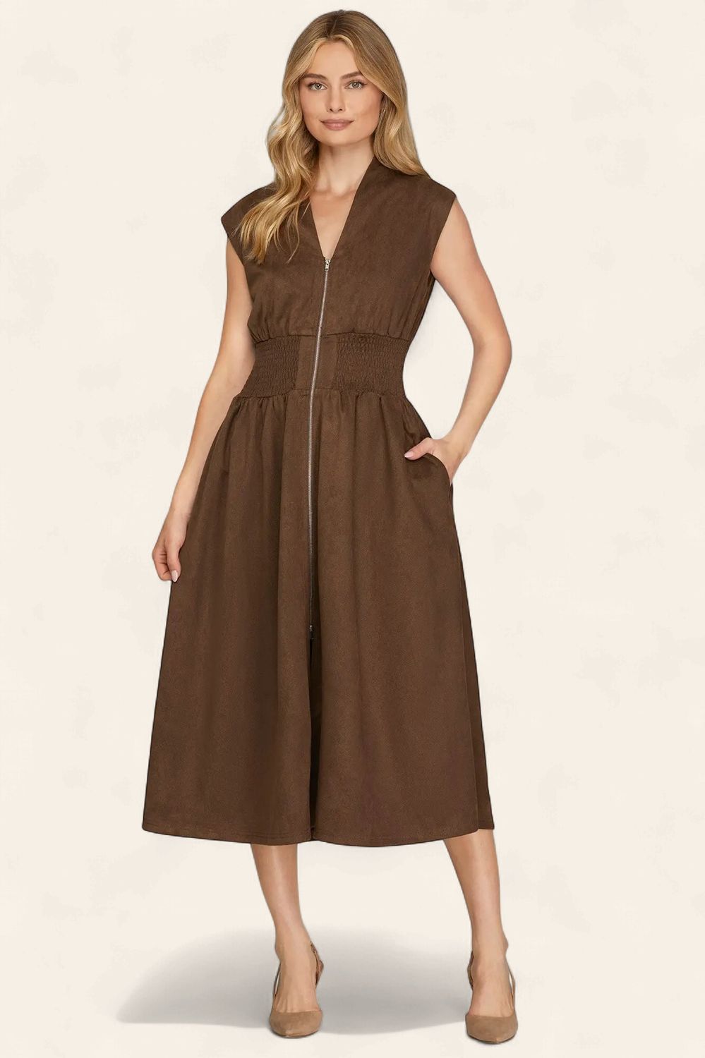 The Serena Suede Midi Dress - BROWN