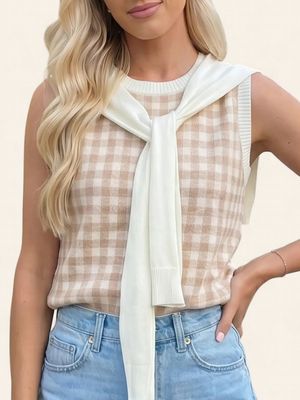 The Traci Gingham Sweater w/Tie - OATMEAL