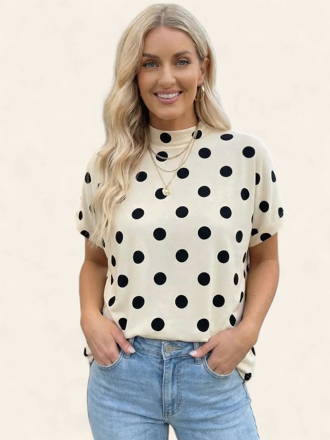 The Nicole Polka Dot Mock Neck - BEIGE