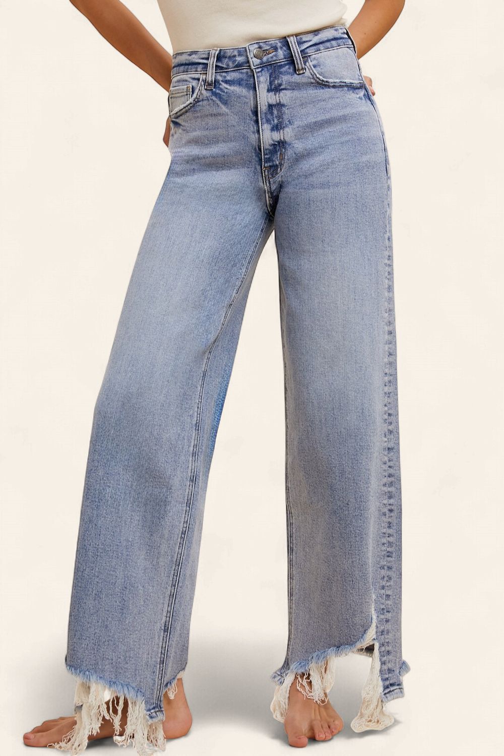 Asymmetrical Distressed Hem Straight Fit Jeans - LIGHT DENIM