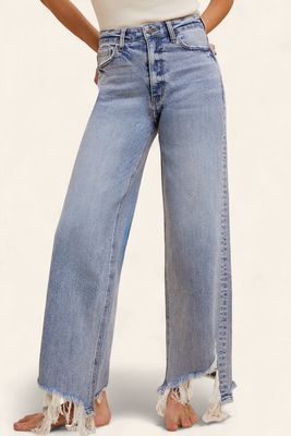 Asymmetrical Distressed Hem Straight Fit Jeans - LIGHT DENIM