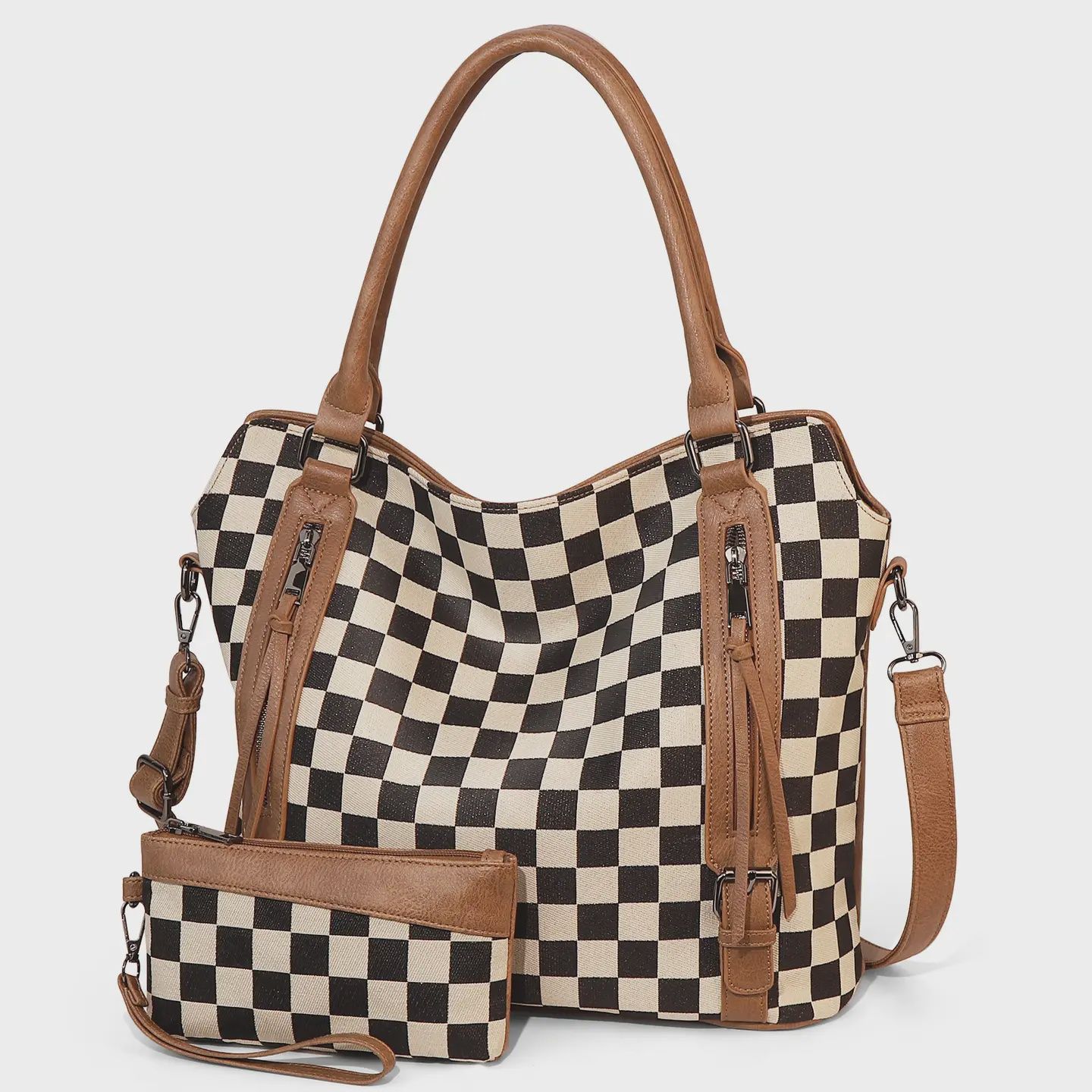 Luna Checkered Tote - BROWN