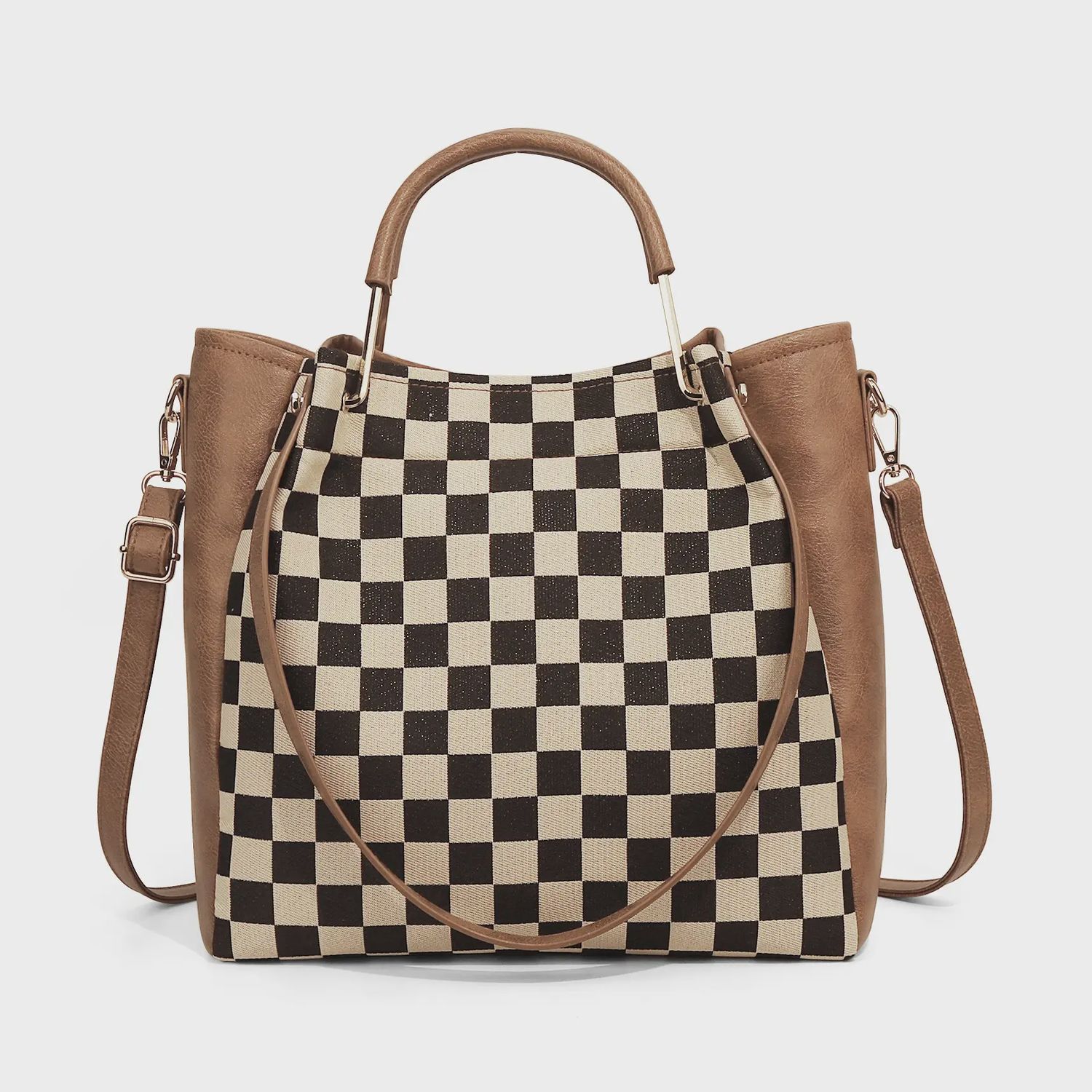 Leah Checkered Handbag - BROWN