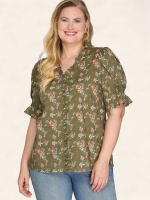 Plus Stella Floral Top - OLIVE
