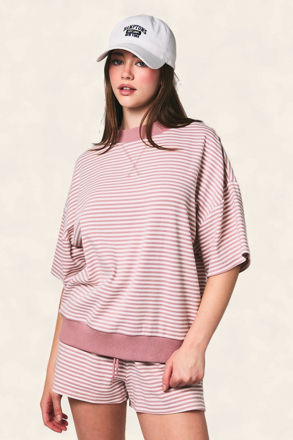 Mock Neck Striped Top - BLUSH