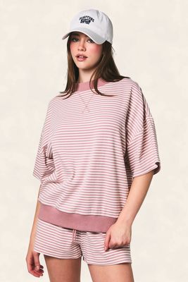Mock Neck Striped Top - BLUSH