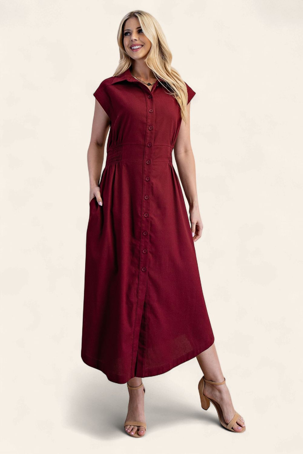 Lydia Sleeveless Linen Dress - BURGUNDY