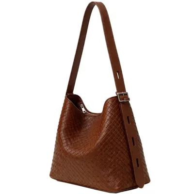 Woven Shoulder Hobo Bag - BROWN
