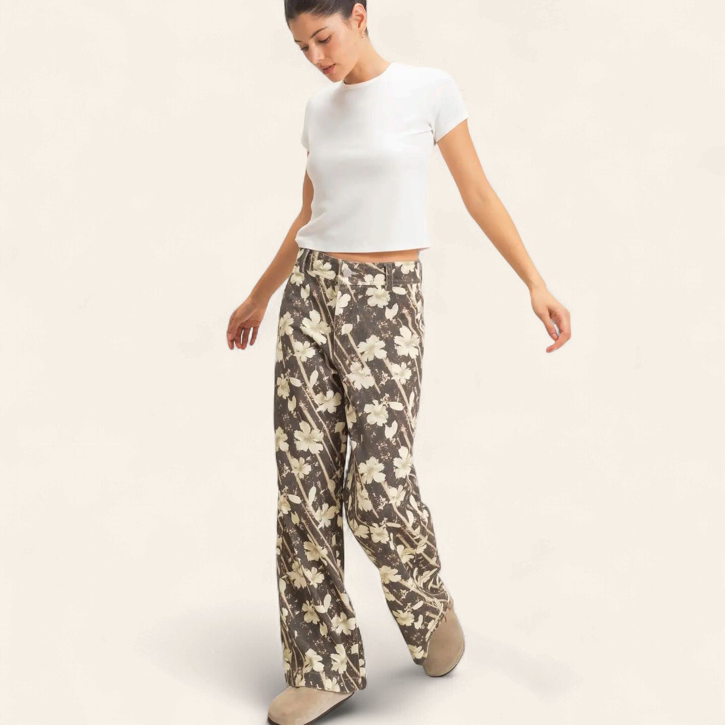 Floral Print Wide Leg Pants - BROWN