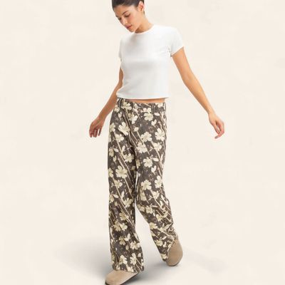 Floral Print Wide Leg Pants - BROWN