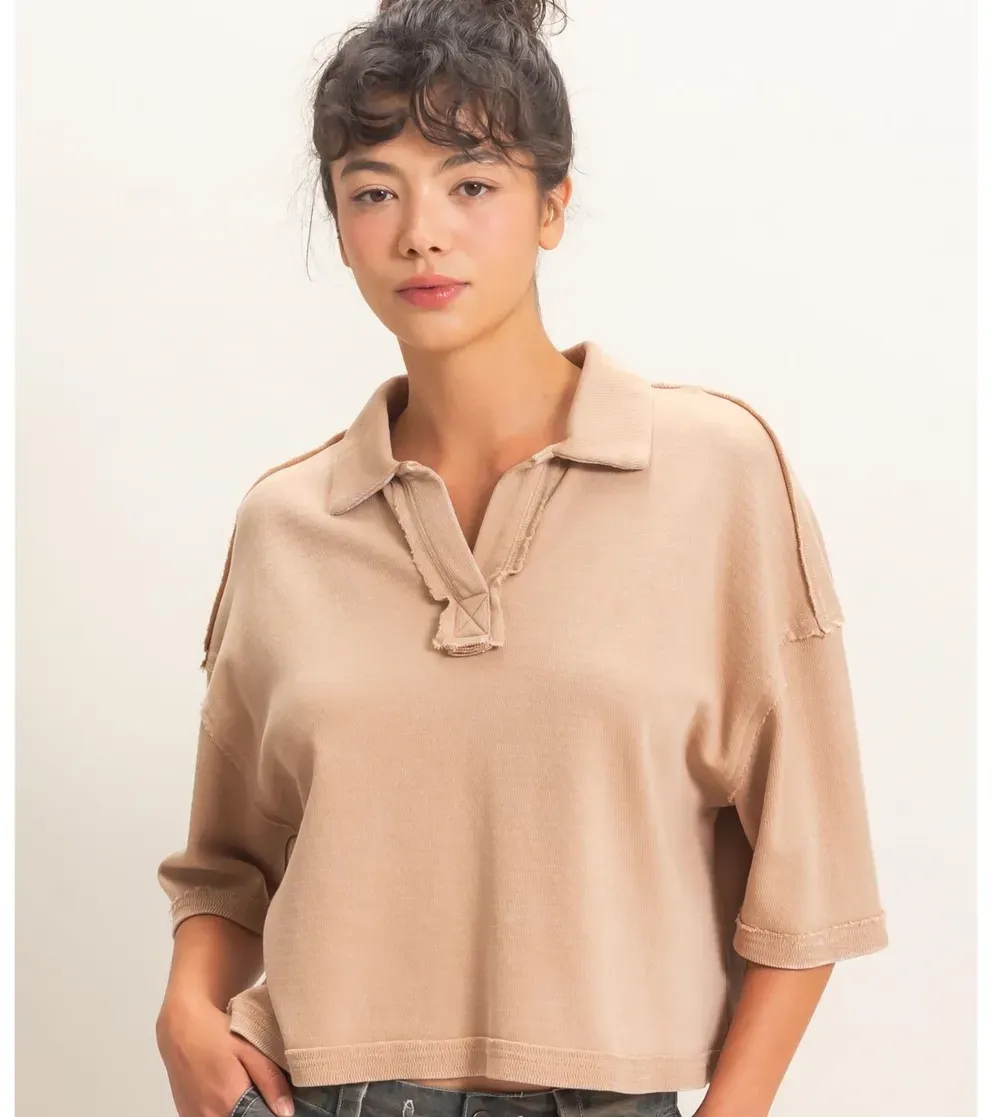 Mineral Wash Collared Top - DK. TAUPE