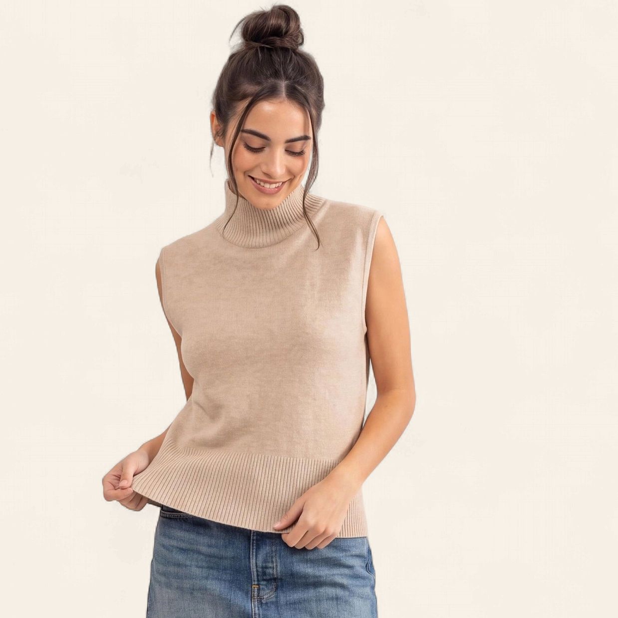 Sleeveless High Neck Knit Top - TAUPE