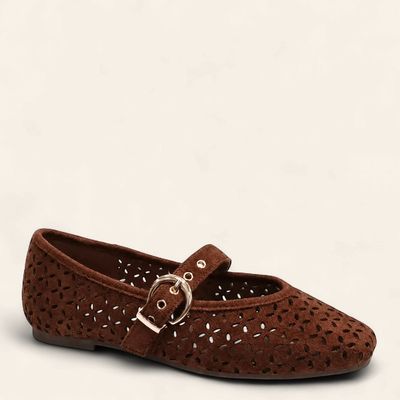Linda Suede Mary Jane Flats - CHESTNUT