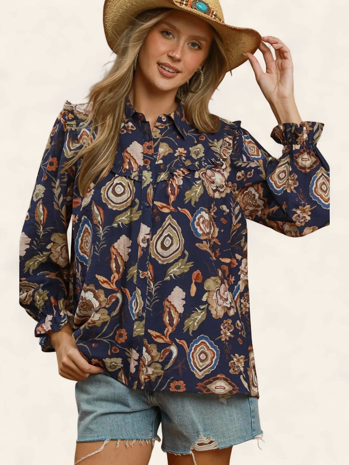 The Lacie Boho Floral Top - NAVY