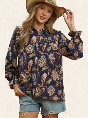 The Lacie Boho Floral Top - NAVY