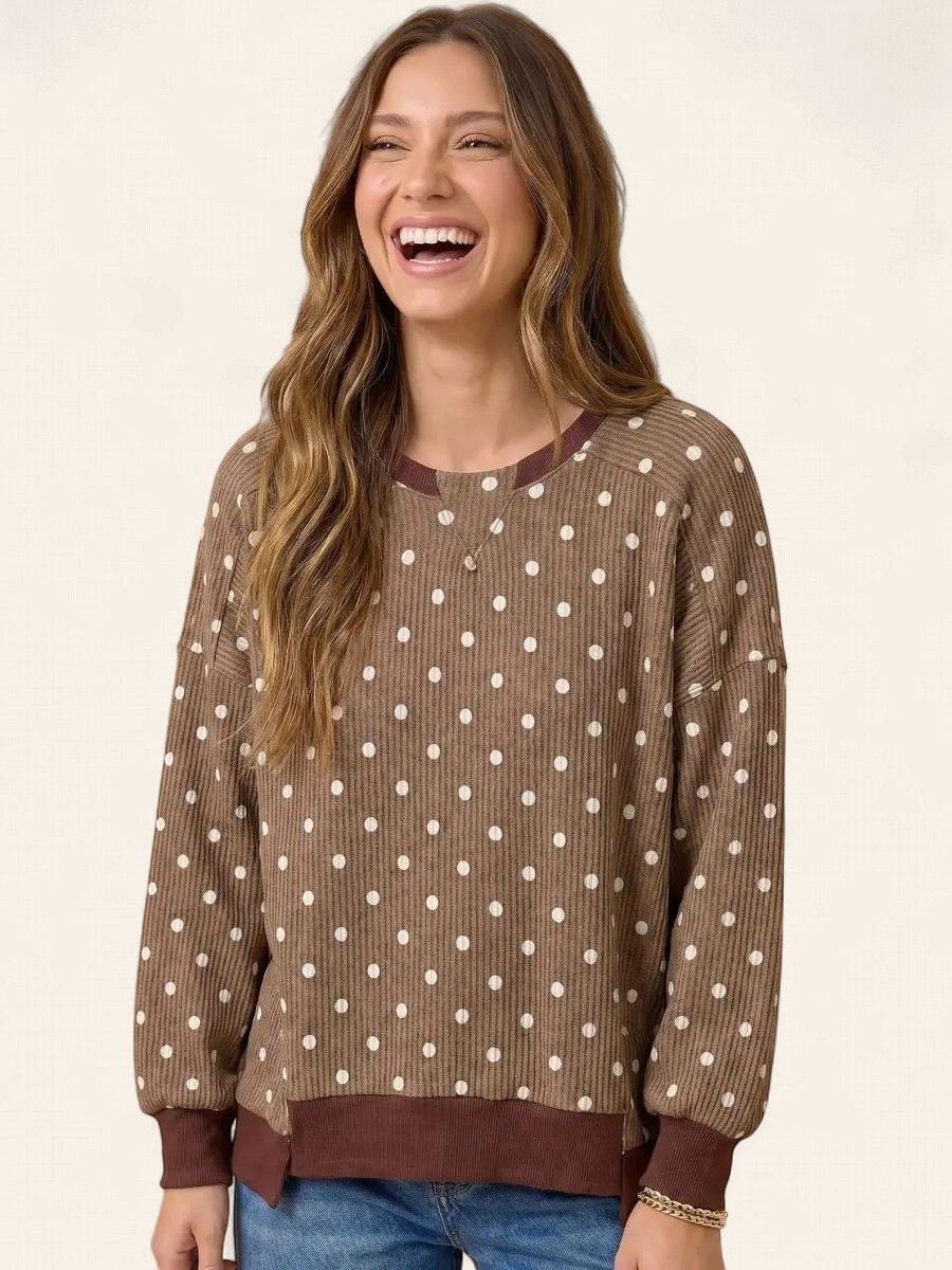 Polka Dot Wave Rib Top - CARAMEL