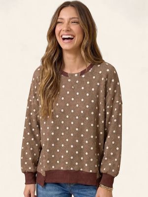 Polka Dot Wave Rib Top - CARAMEL