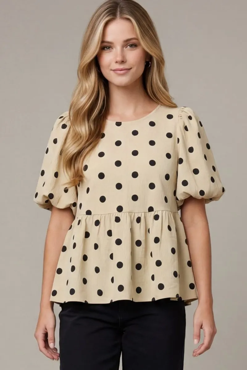 The Kelsie Polka Dot Woven Top - TAUPE