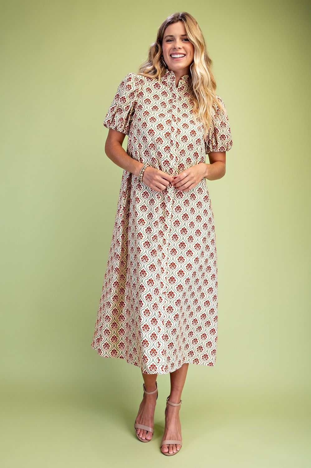 The Amanda Midi Dress - GREEN/GARNET