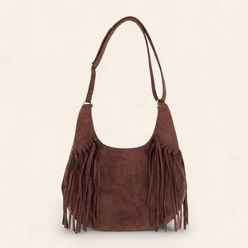 Western Faux Suede Fringe Hobo Bag - DARK BROWN