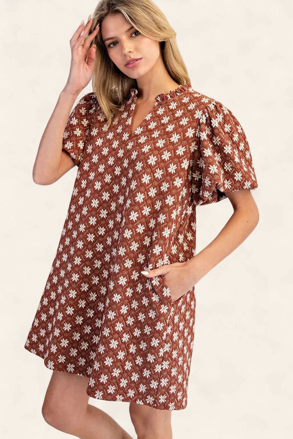 The Colleen Embroidered Mini Dress - CINNAMON