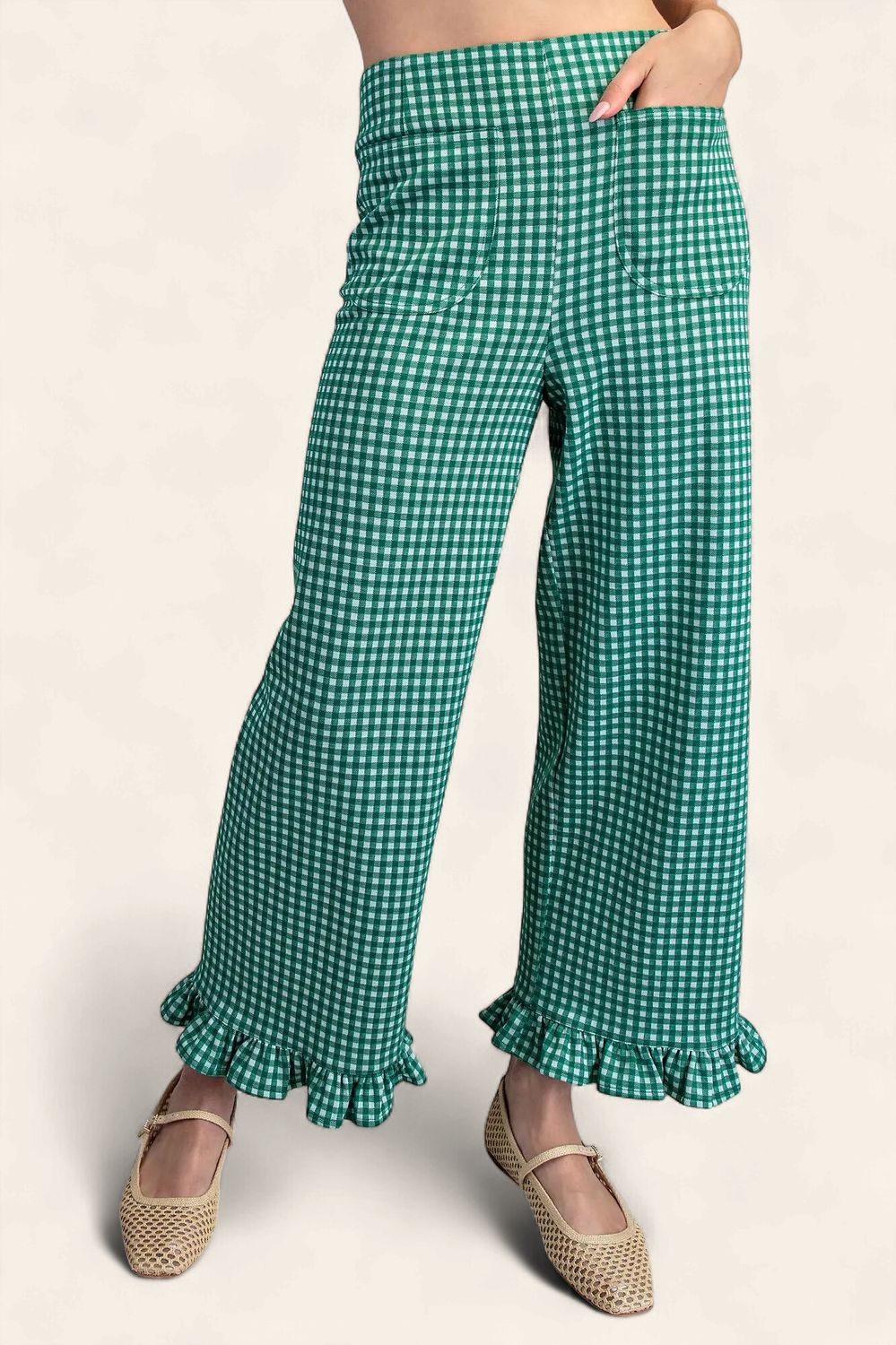Gingham Ruffle Hem Pants - GREEN