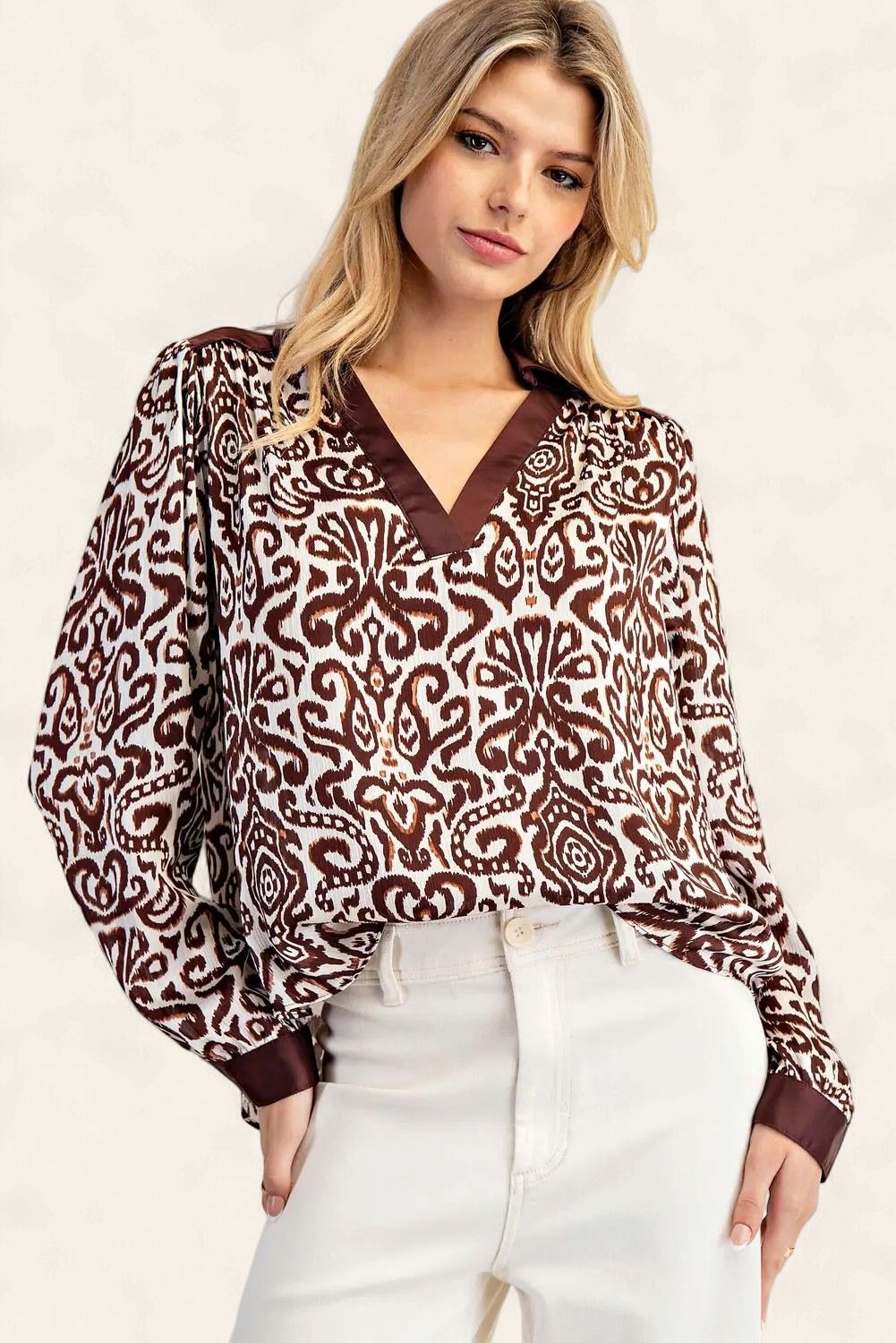 The Wendy Contrast Pattern Blouse - BROWN