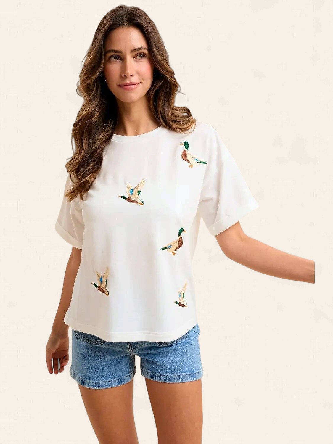 Mallard Duck Embroidery Top  - WHITE