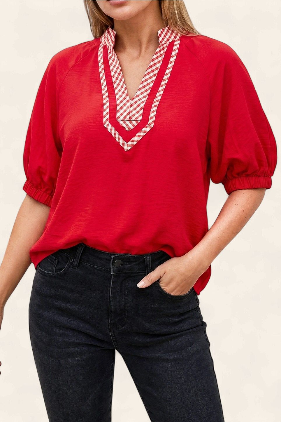 Scarlett Gingham Trim Blouse - RED