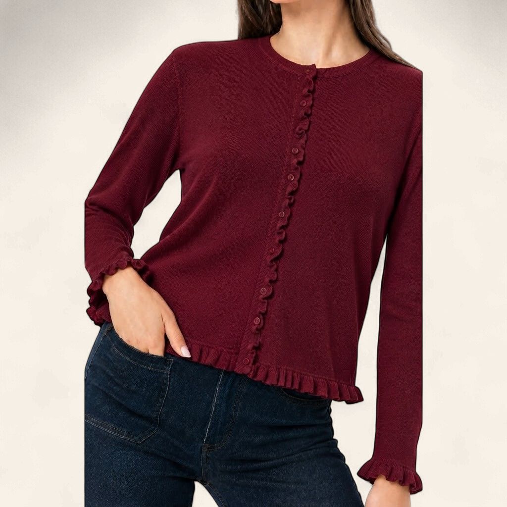 Ruffle Feminine Cardigan - BURGUNDY