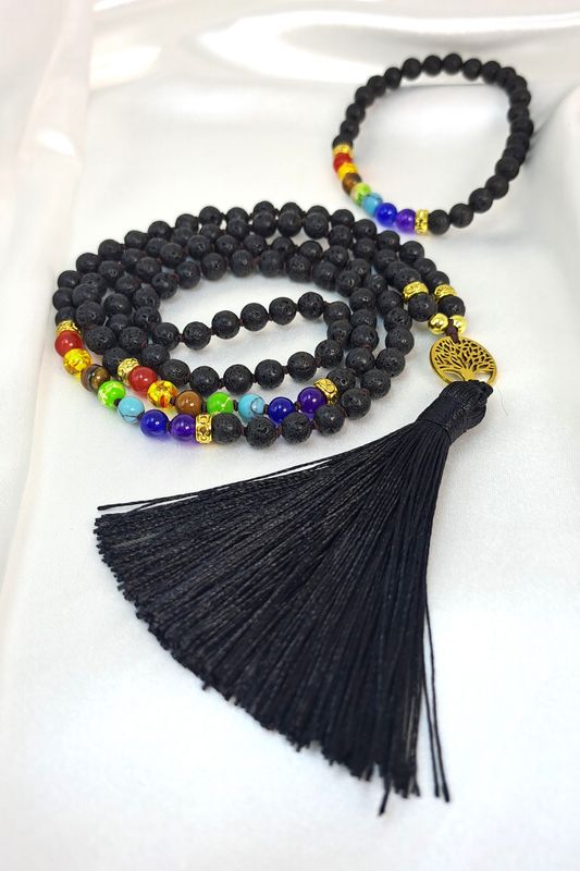 Mala 7 Chakras Pierre de Lave et son bracelet "Paix et équilibre"