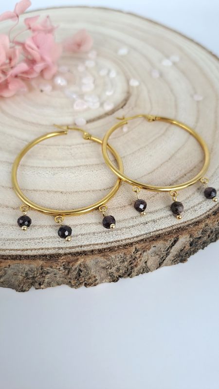 Boucles d'oreilles "Créole" en Grenat à facette - Acier inoxydable dorée
