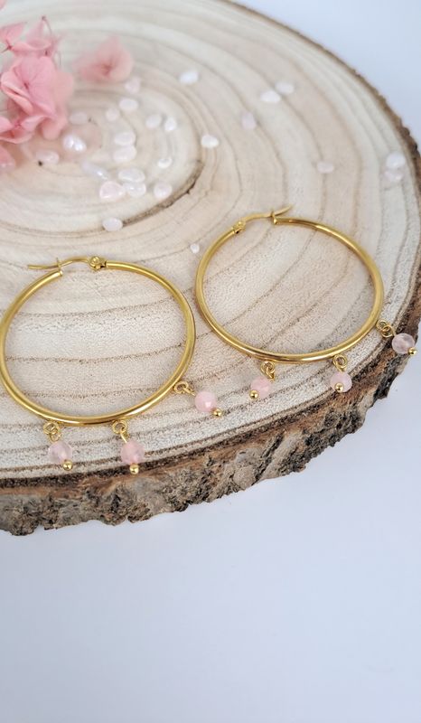 Boucles d'oreilles " Créole" Quartz rose -  Acier inoxydable