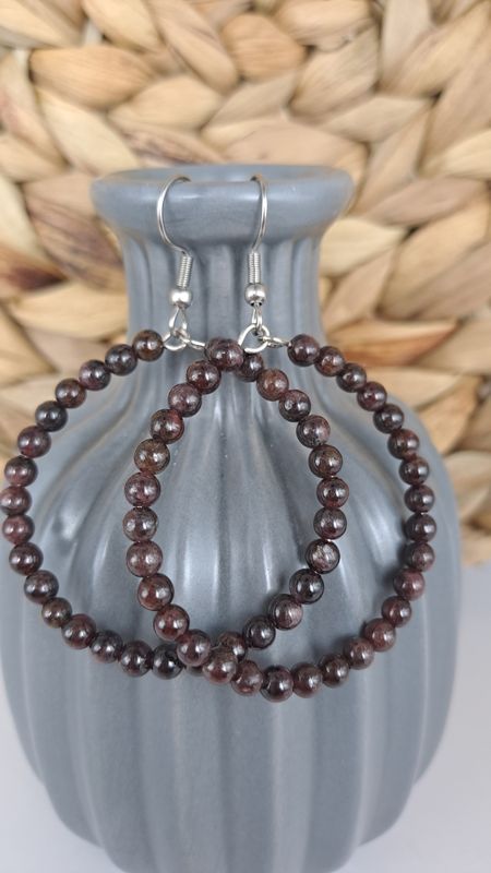 Boucles d'oreilles "Créole" Grenat - Acier inoxydable argent