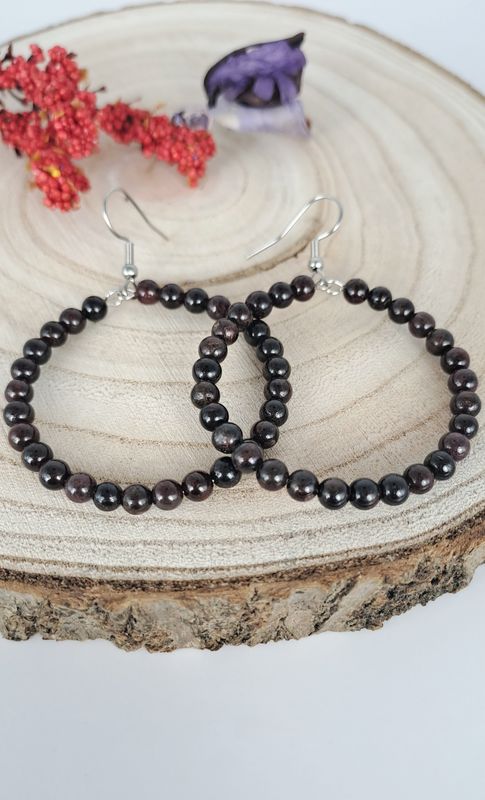 Boucles d'oreilles "Créole" Grenat - Acier inoxydable argent
