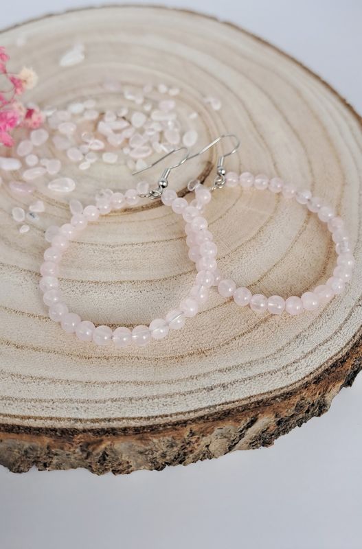 Boucles d'oreilles "Créole" en Quartz rose - Acier inoxydable argent