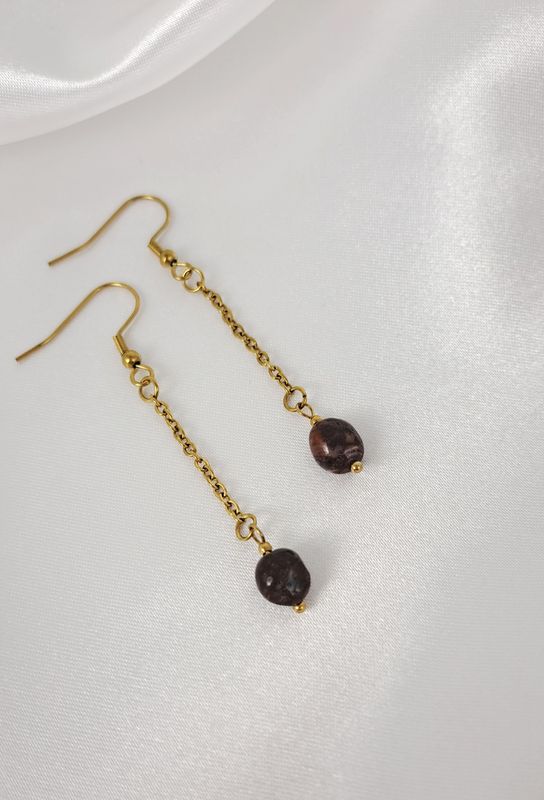 Boucles d'oreilles pendantes en Pietersite - Acier inoxydable dorée