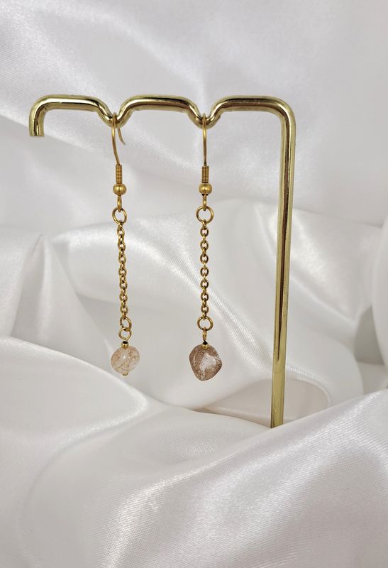 Boucles d'oreilles pendantes en Quartz Rutile - Acier inoxydable dorée