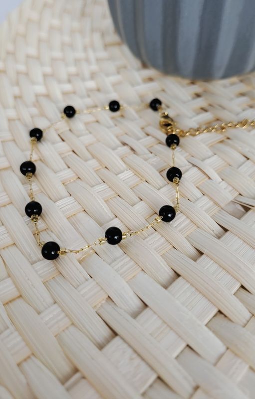 Bracelet Obsidienne noire et Acier inoxydable doré - Protection et sagesse