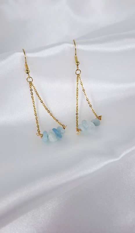 Boucles d'oreilles Aigue-marine - Acier inoxydable dorée "Formes irrégulières"