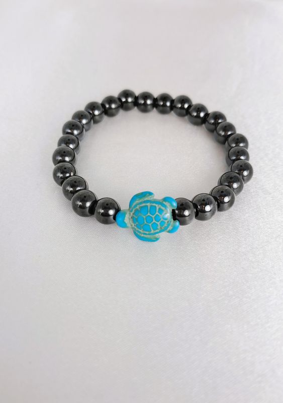 Bracelet Magnétite avec breloque tortue 8mm - Protection, ancrage