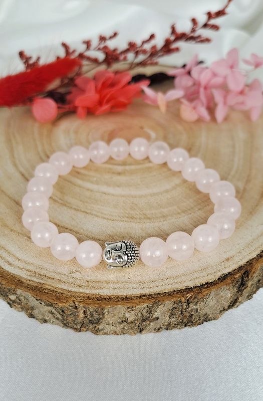 Bracelet Quartz Rose 8mm avec "charms" Tête de Bouddha - Redonne confiance
