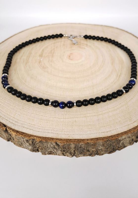 Collier Œil de faucon et Onyx matte 6mm - Apaisement, ouverture au changement
