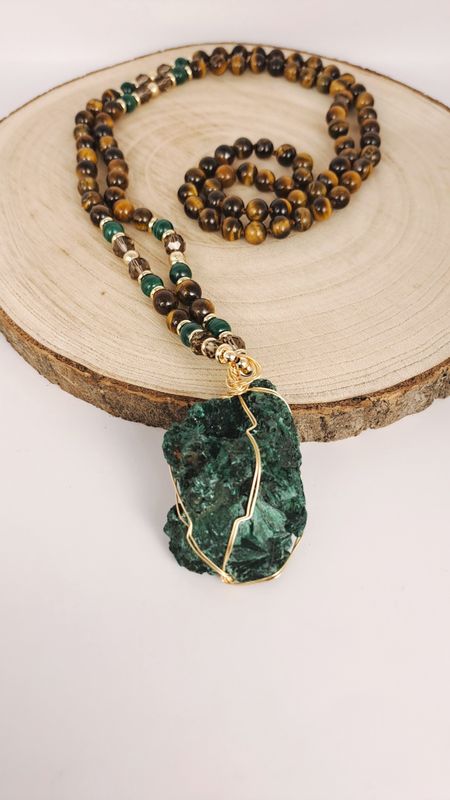 Collier Œil de tigre, Malachite et Brochantite 8mm - Protection, harmonie
