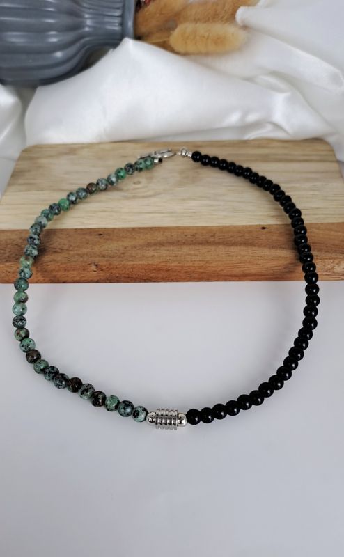 Collier Obsidienne et Turquoise Africaine 6mm - Ancrage, dynamisme, protection