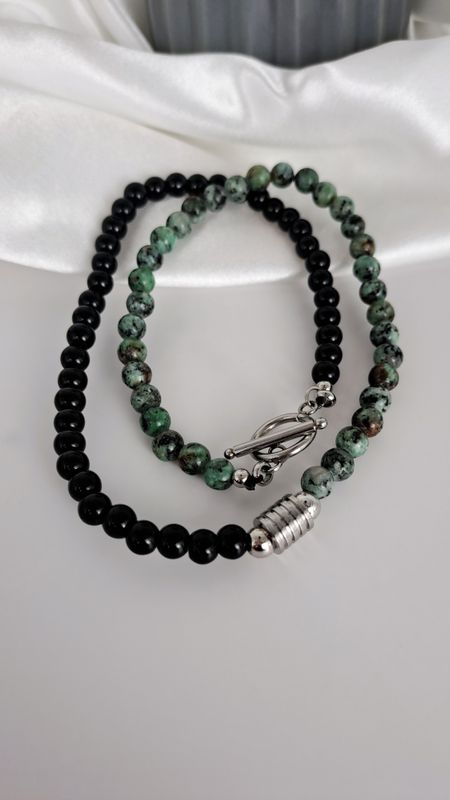 Collier Obsidienne et Turquoise Africaine 6mm - Ancrage, dynamisme, protection