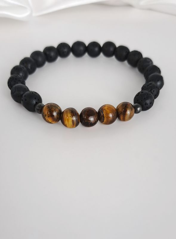 Bracelet Pierre de lave, Œil de tigre et Hématite - Protection et Confiance en soi